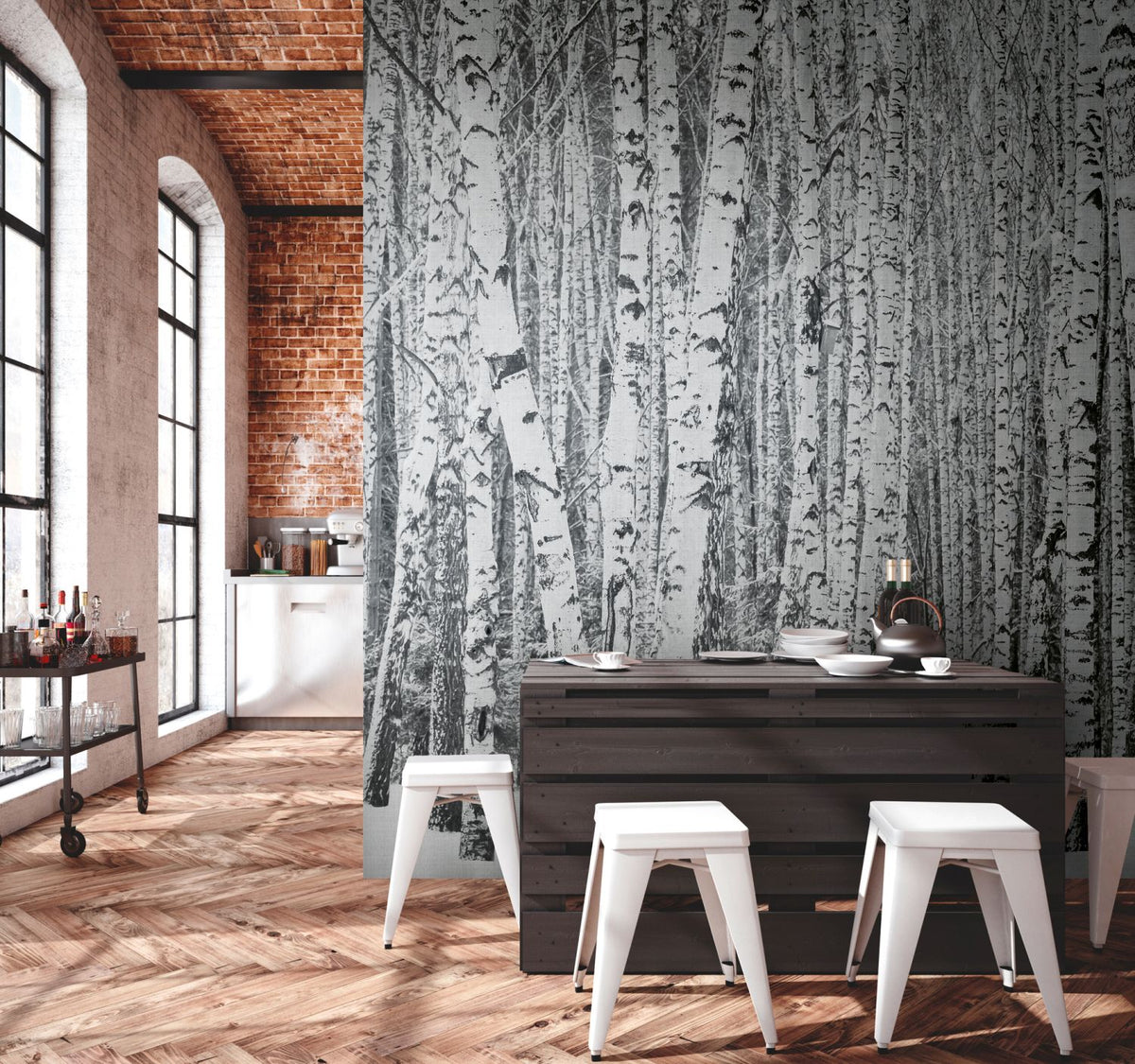 One Wall one Role fotobehang bosrijk landschap zwart, wit en grijs - 371 x 280 cm - AS-382591