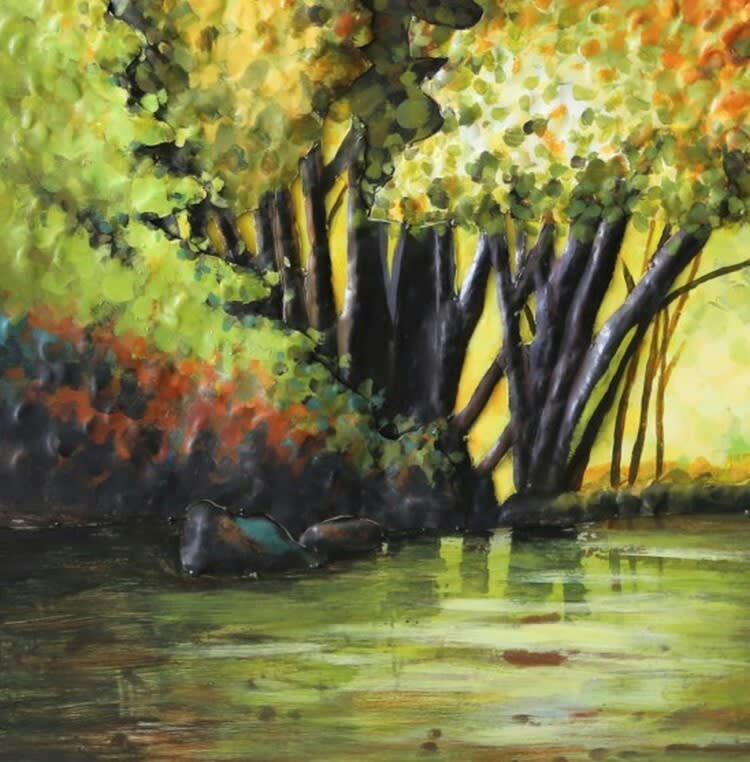 MÉTAL BRASS - Tableau relief en métal sous bois 80x80