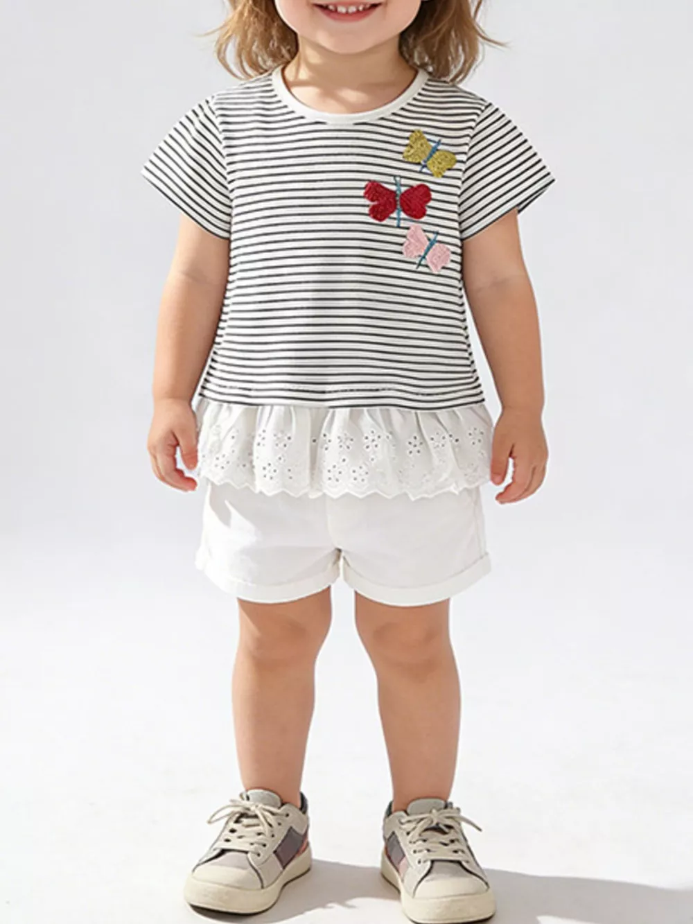 Children's Striped Butterfly Embroidered Ruffle Hem T-Shirt