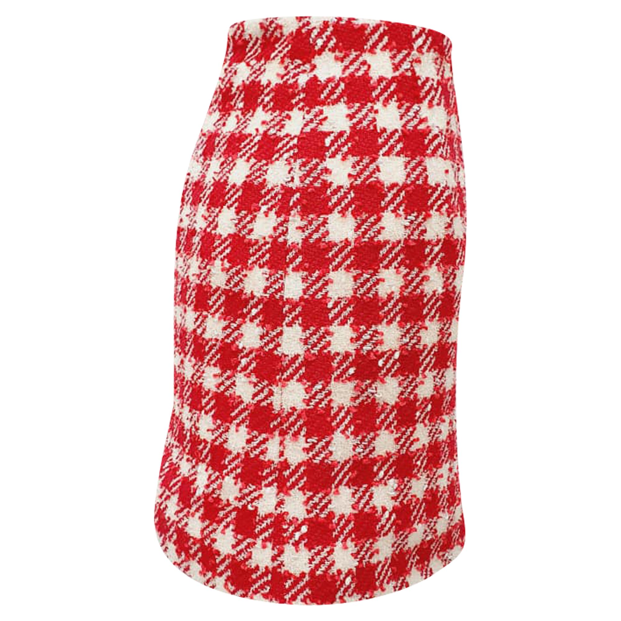 Alessandra Rich Preloved Checkered Tweed Mini Skirt in Red Wool