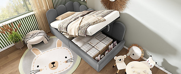Canapé-lit 140x190 cm convertible clic-clac en tissu gris, structure métal et mousse, style contemporain