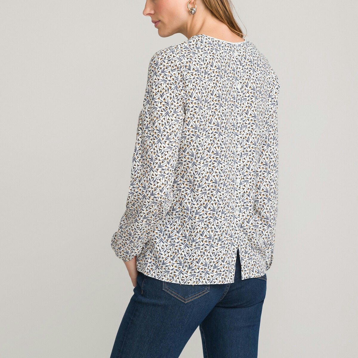 Blouse col V, imprimé floral, manches longues