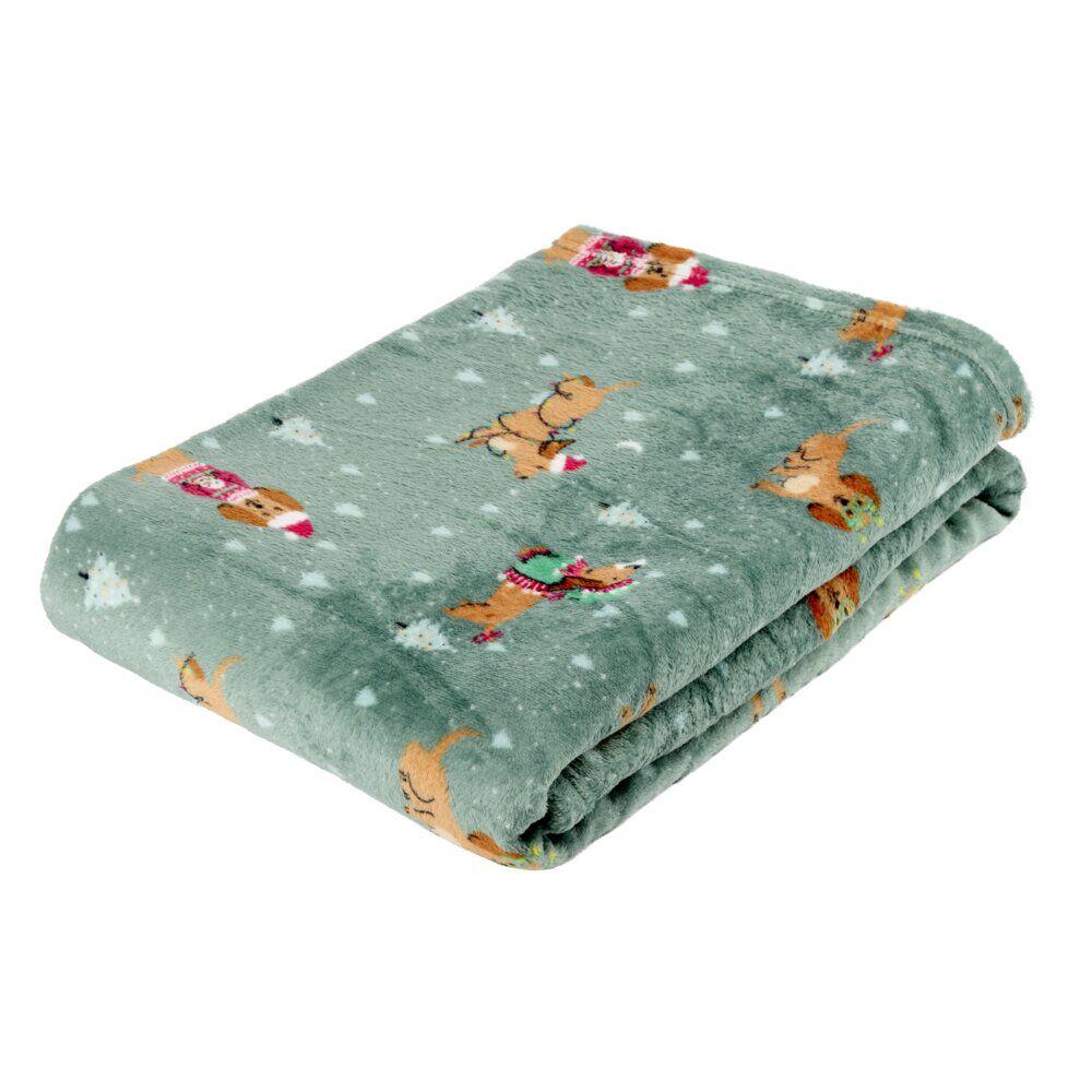 Plaid No&euml;l imprimé teckel polyester L160X130 cm vert