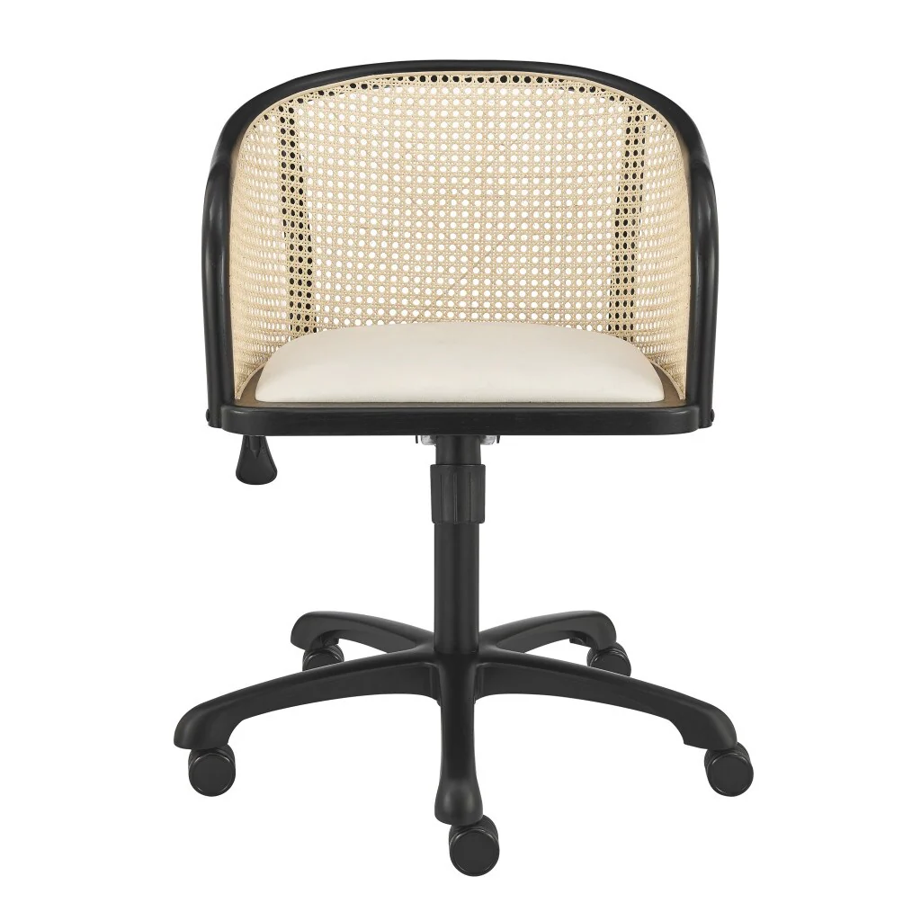 Beige and Black Solid Wood Steel And Cane Rattan Adjustable Swivel Rolling Office Chair - 22.5' X '33.5' X '26.5
