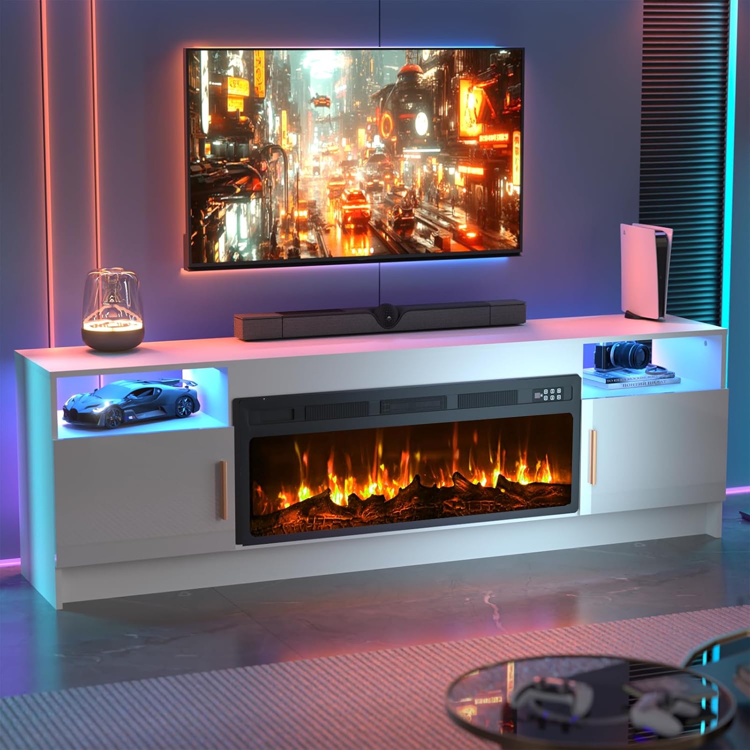 BREEZEHEAT TV Stand with Fireplace-Fireplace TV Stand for 75+ inch TV, LED Entertainment Center for Living Room w/ 36 Fireplace Inserts, TV Console with Cabinet, White