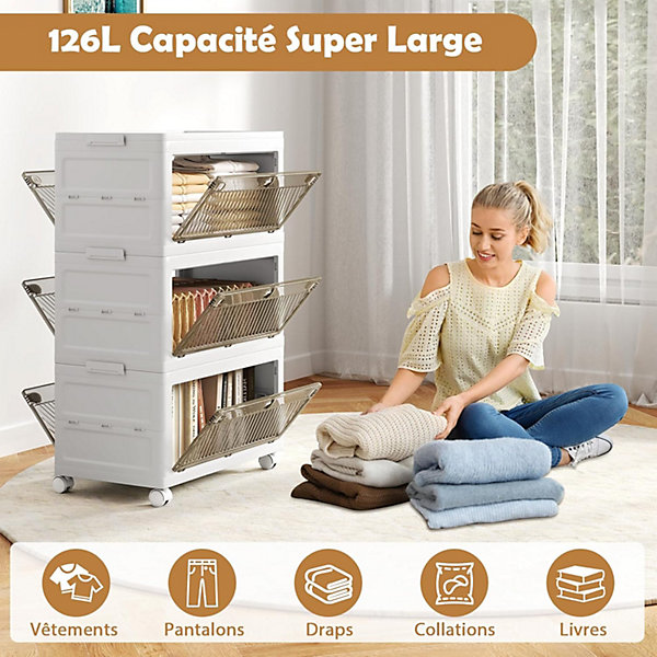 Boîte de Rangement Empliable Couvercle 126 L 168 L Tiroirs à 3 Modes Ouverture 3 Boîtes