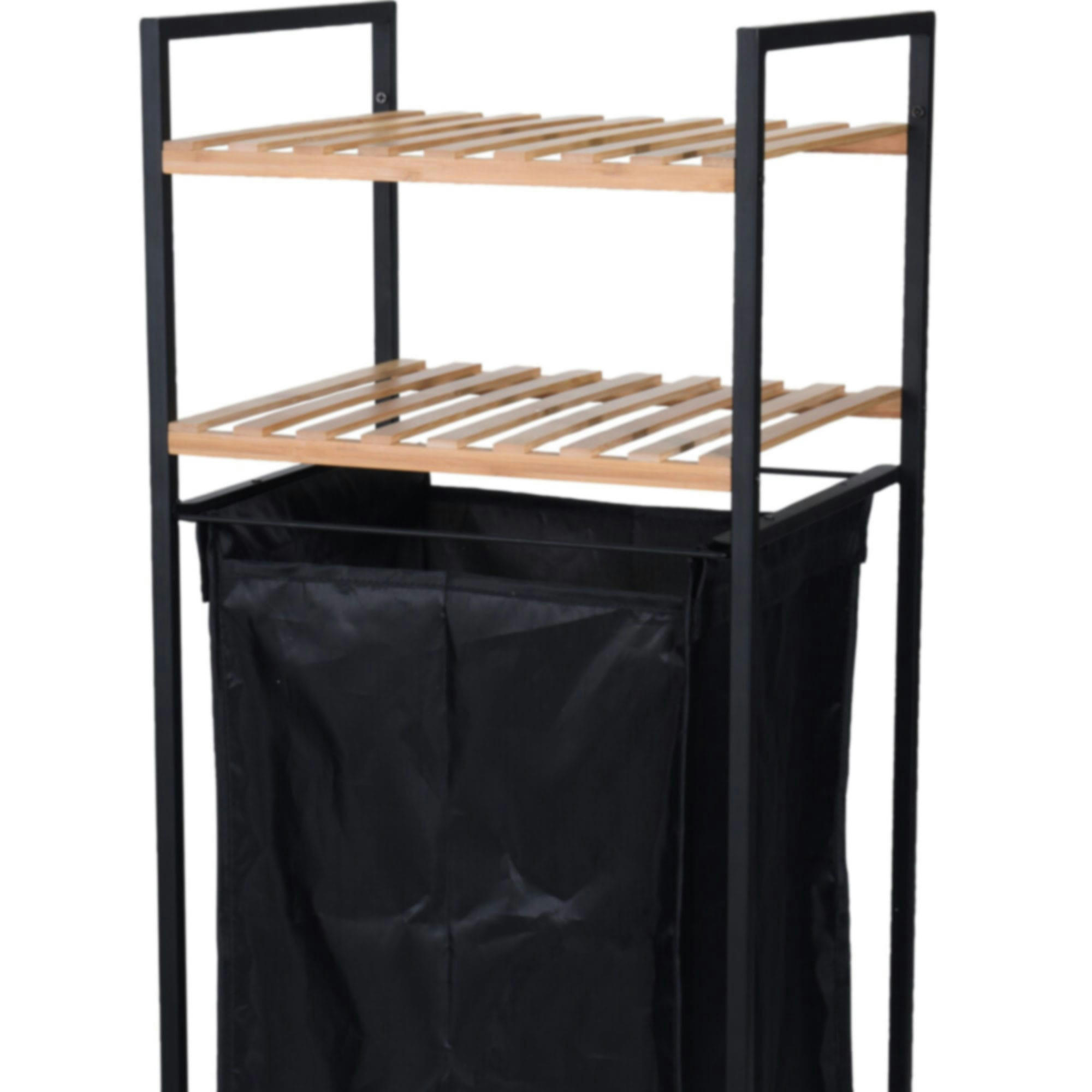- Panier à linge avec étagère métal noir et bambou - 38x32x89.5cm