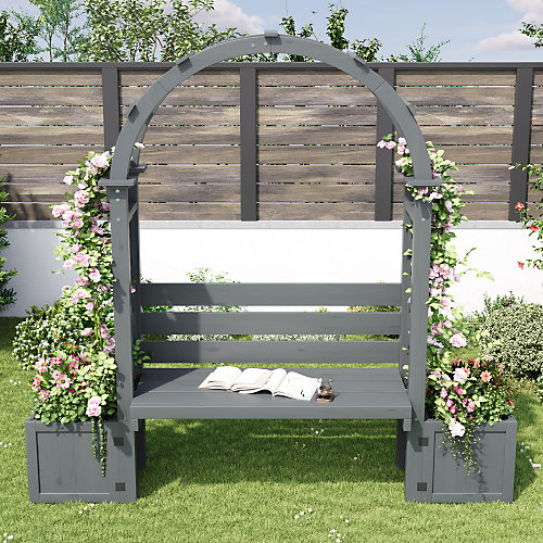 Banc de jardin avec arche de pergola et double jardinière en bois - support plantes grimpantes - 160x30.5x160 cm - gris