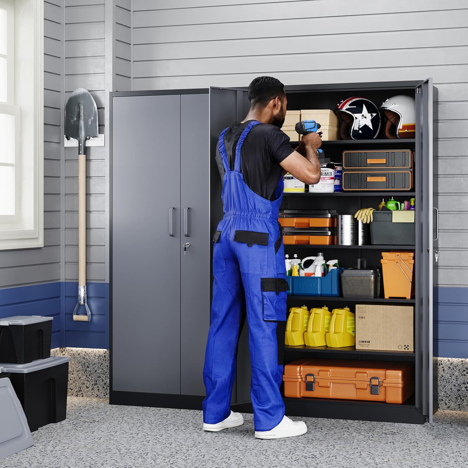 Yizosh Metal Garage Storage Cabinet with 2 Doors and 5 Adjustable Shelves - 71 Steel Lockable File Cabinet,Locking Tool Cabinets for Office,Home,Garage,Gym,School (Gray Black)