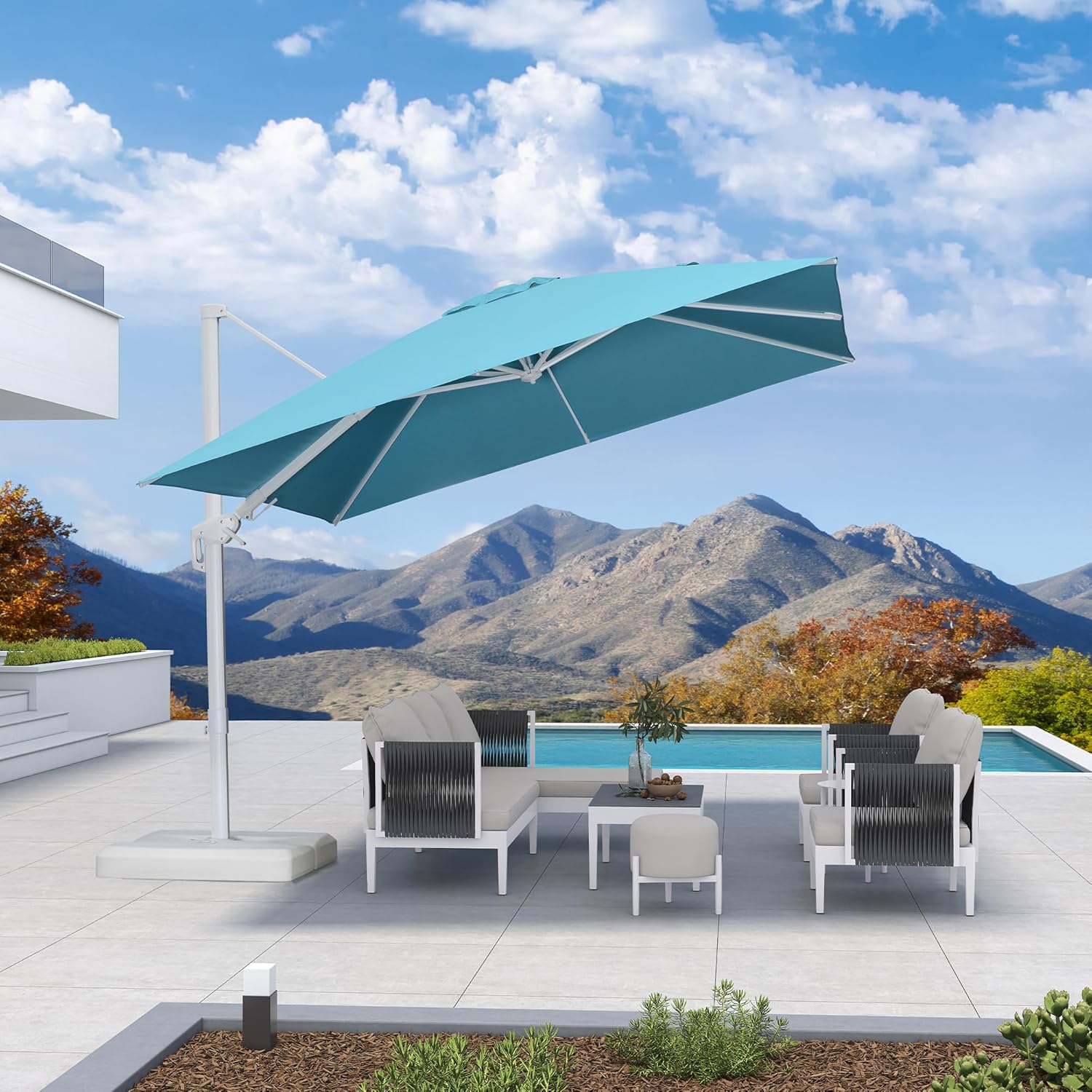 PURPLE LEAF 10 FT Right-left Tilt Patio Umbrella Swivel White Cantilever Umbrella with Tilt Aluminum Outdoor Umbrella with 360° Rotation for Deck Pool Garden, Turquoise