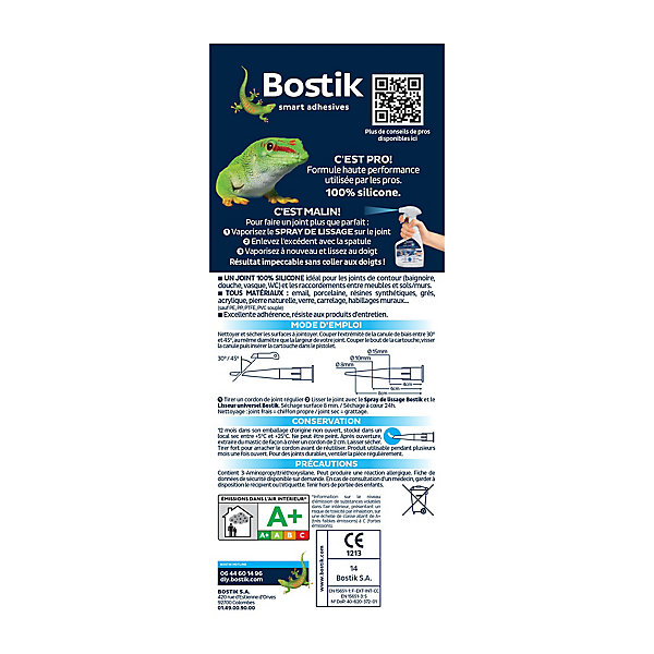 Mastic d’étanchéité spécial salle de bain translucide Bostik Joint Parfait tous matériaux, lot de 2 cartouches de 280 ml