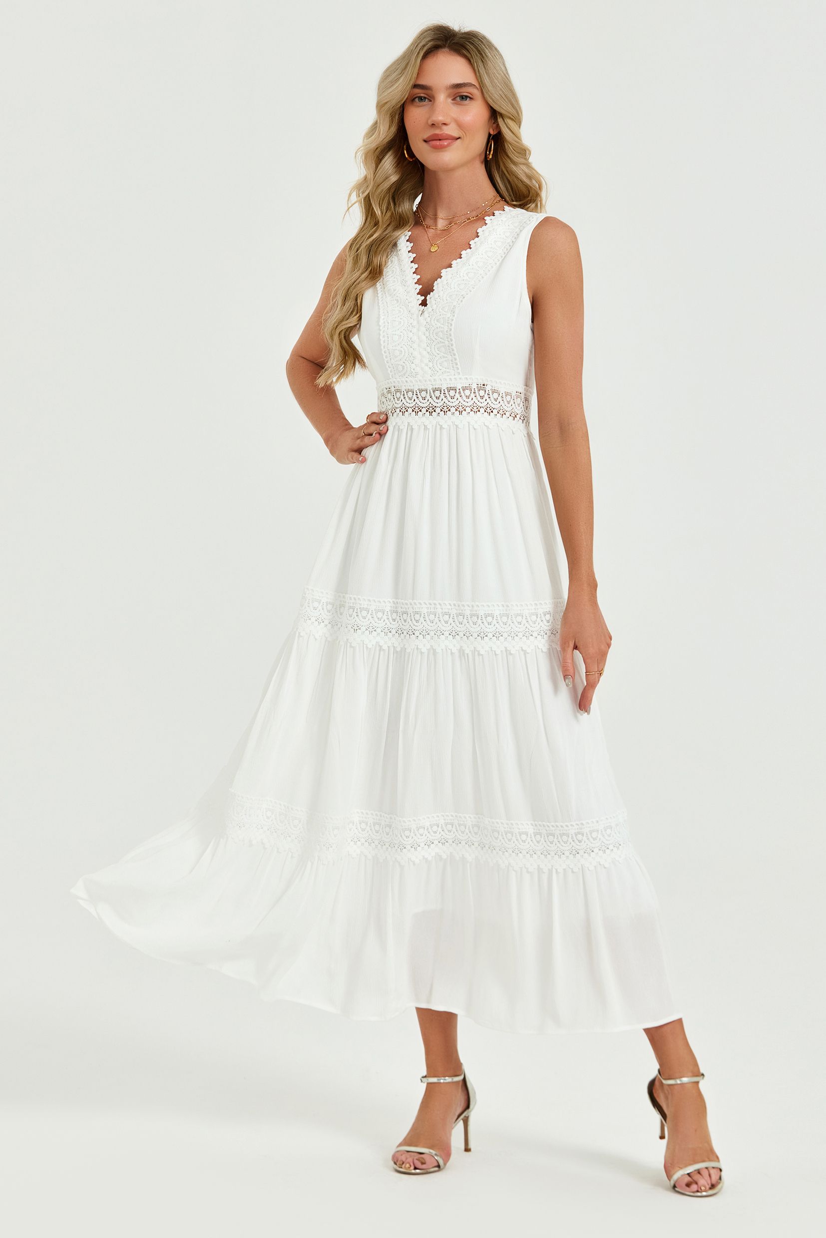 FS Collection Lace Trim V-Neck Tiered Sleeveless Midi Dress