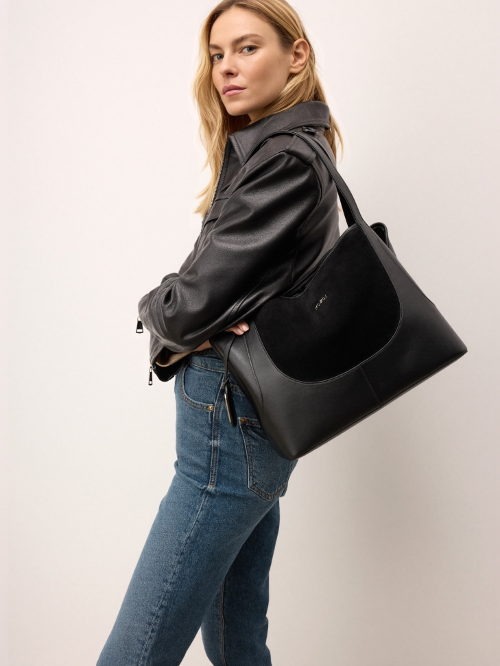 Black natural leather handbag with suede insert