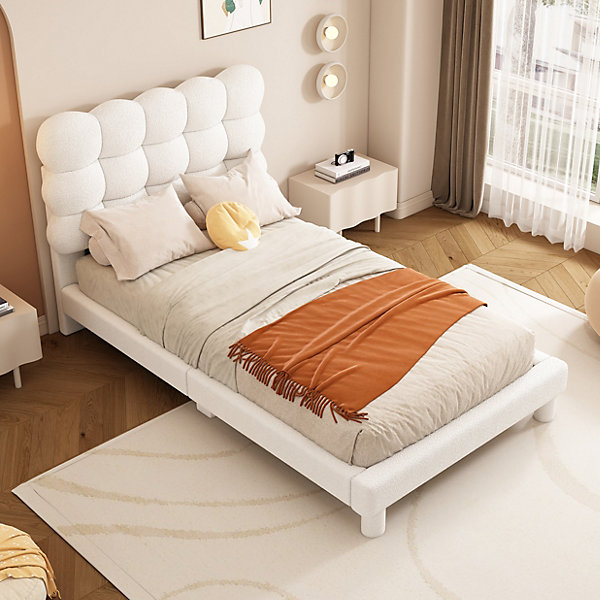 Lit simple rembourré en sherpa - 90x200 cm - Blanc