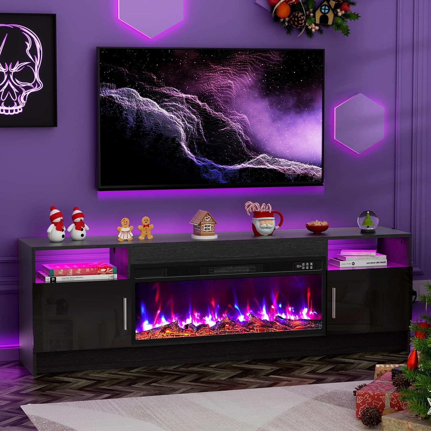 BREEZEHEAT 70 Electric Fireplace TV Stand for 80'' TV-Entertainment Center with 36'' Fireplace and Led Light-TV Table with Storage, High Glossy Door, Modern TV Console for Living Room, Black