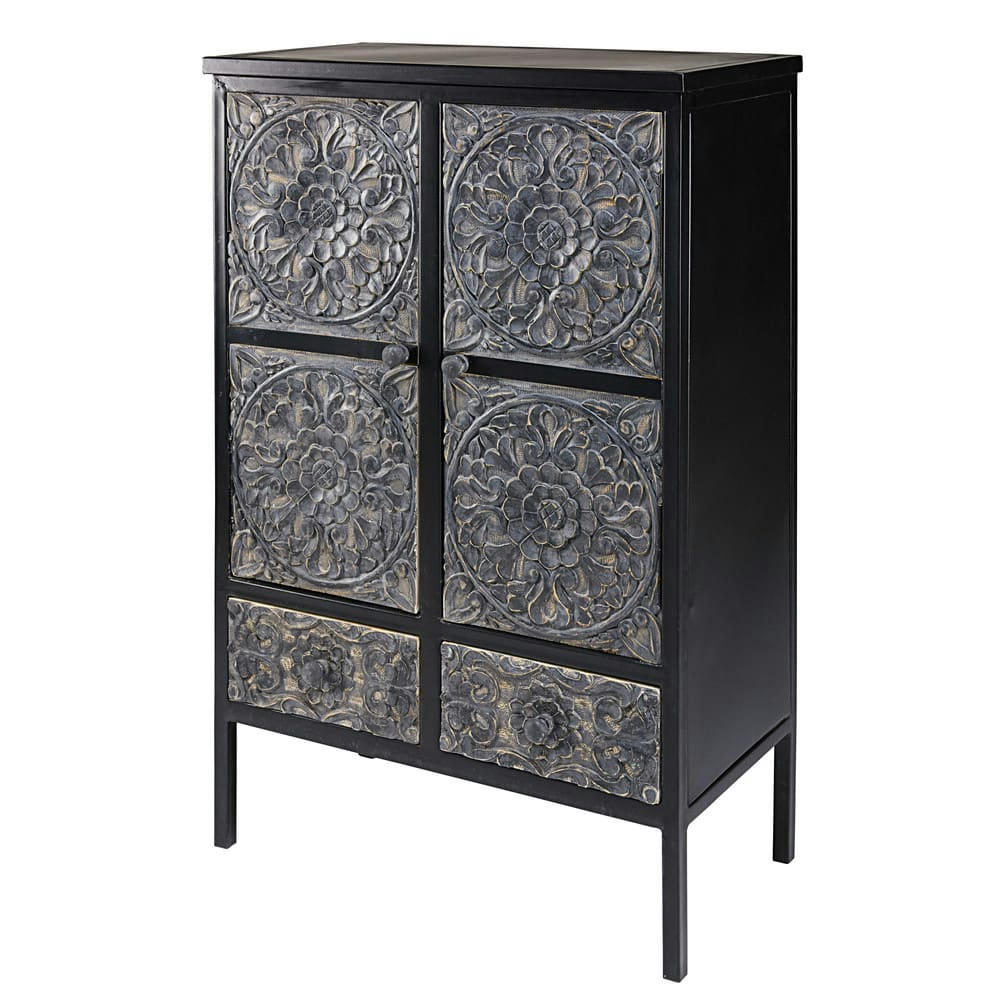 Topaze - Cabinet en métal et manguier sculpté