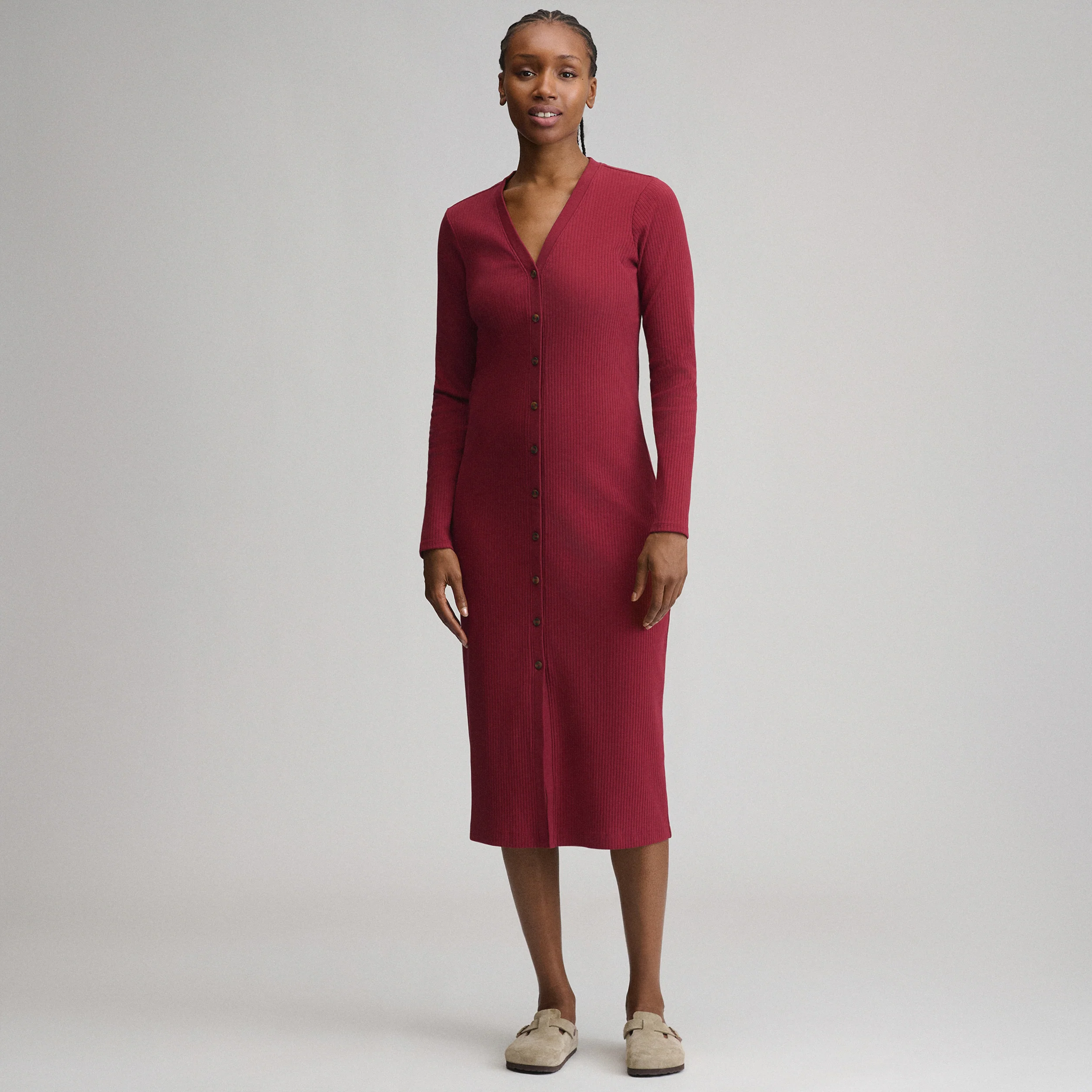 Women's Long-Sleeve Button Front Ribbed Knit Midi Dress