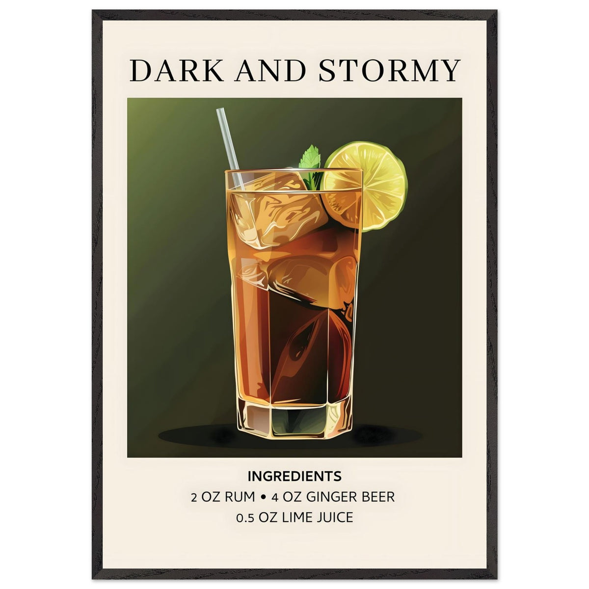 Artfulprints Poster met Lijst Dark and Stormy cocktail - Ingrediënten  - 70x100 cm - Donkergroen