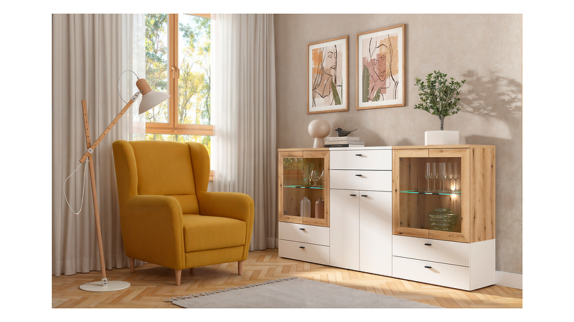 Witryna System64 192 cm z 6 szufladami i drzwiami biały/dąb coast evoke