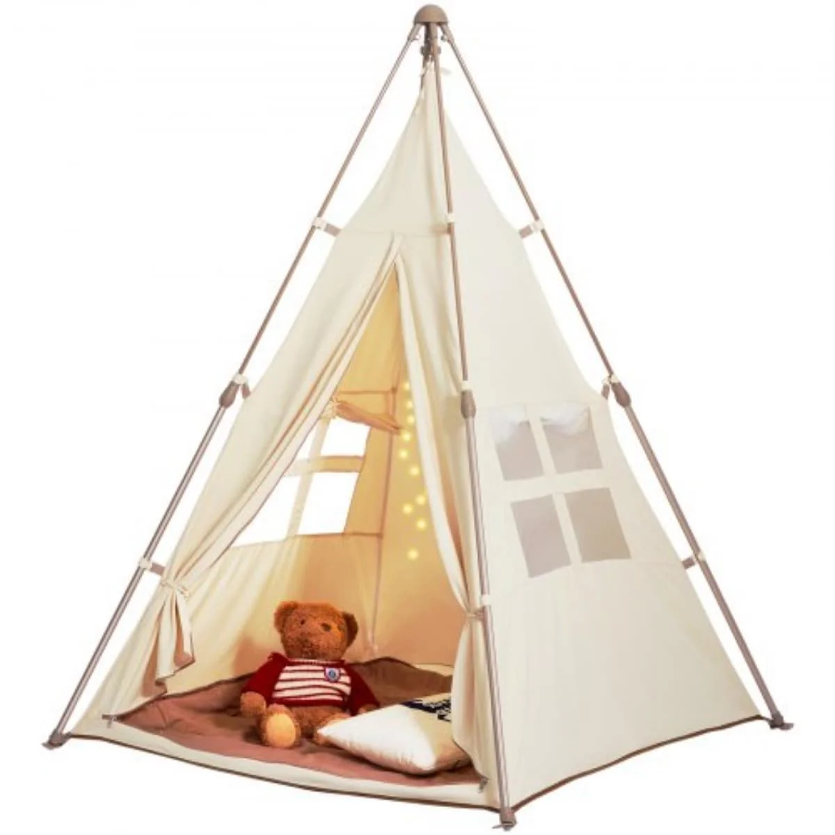 Beige Peach Skin Kids Teepee Tent with Mat, Pop-Up Playhouse for Ages 1 to 5 - 50.4” D x 49.2” W x 68.9” H