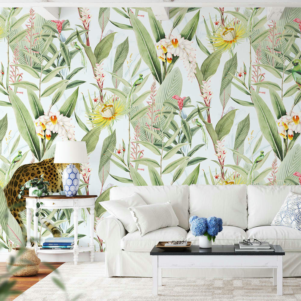 - Papier peint panoramique motifs fleurs jardin tropical blanc 255x260cm