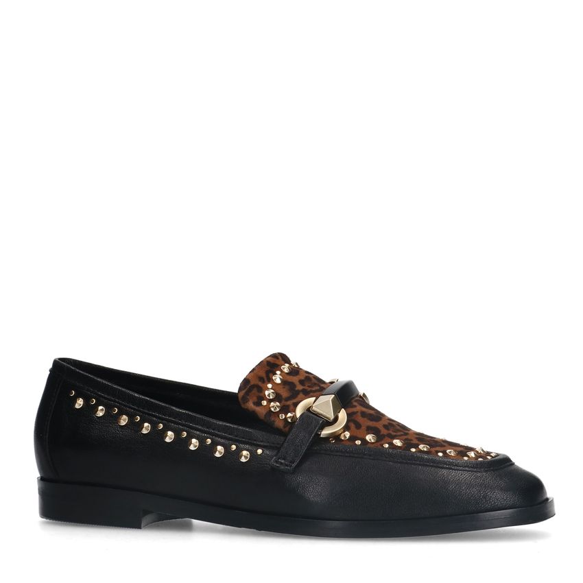 Manfield Zwarte leren loafers met details