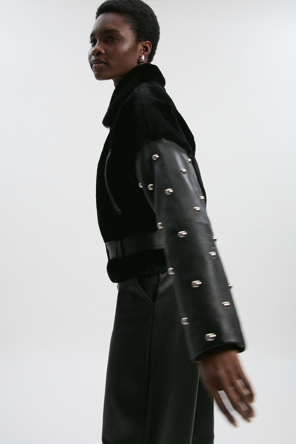 KarenMillen Shearling & Leather Mix Studded Biker Jacket
