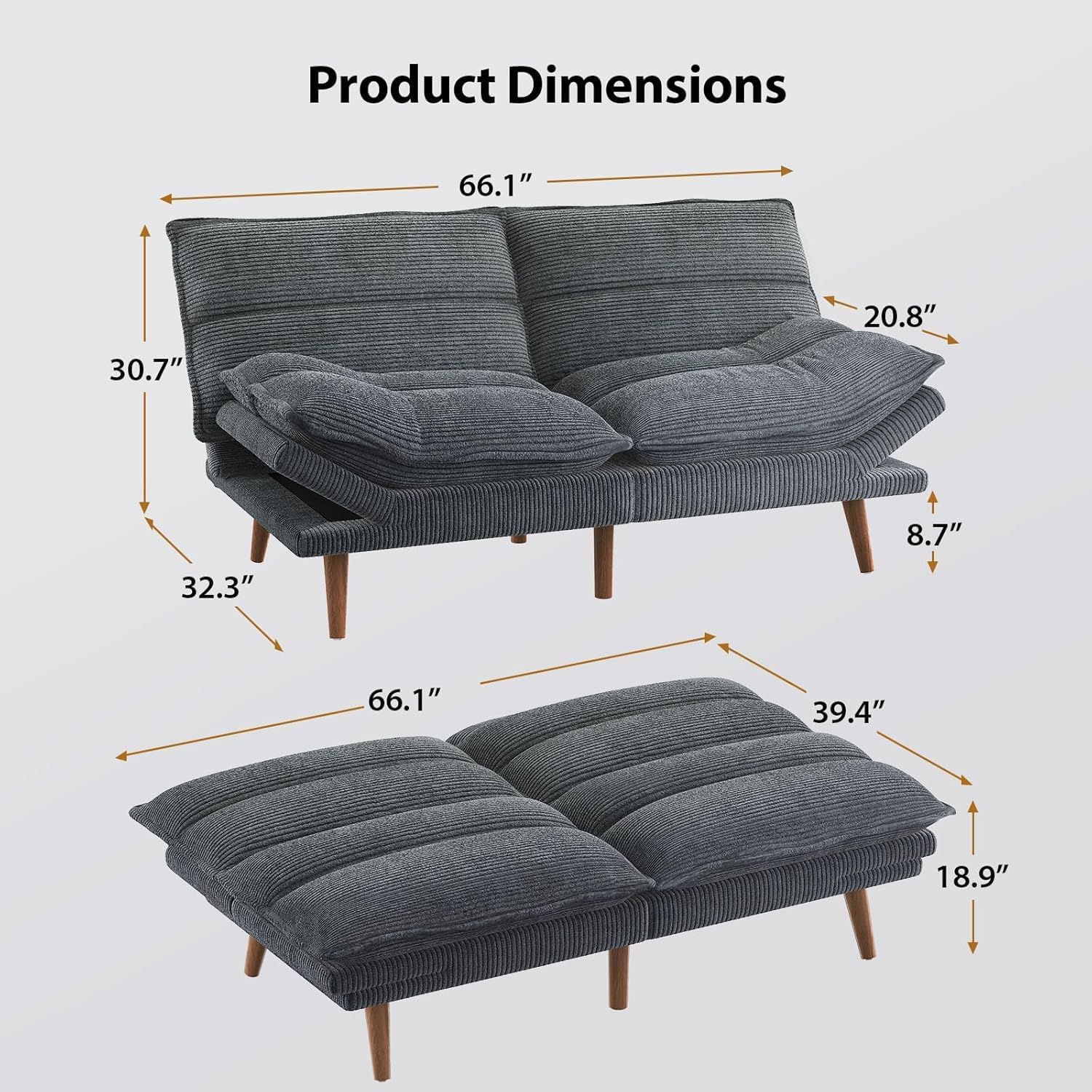 Pipishell Futon Sofa Bed, Convertible Futon Adjustable Backrest & Armrests, Corduroy Sleeper Couch for Small Spaces, Living Room, Office, Guest Room (Asphalt Grey, 66 Inch)