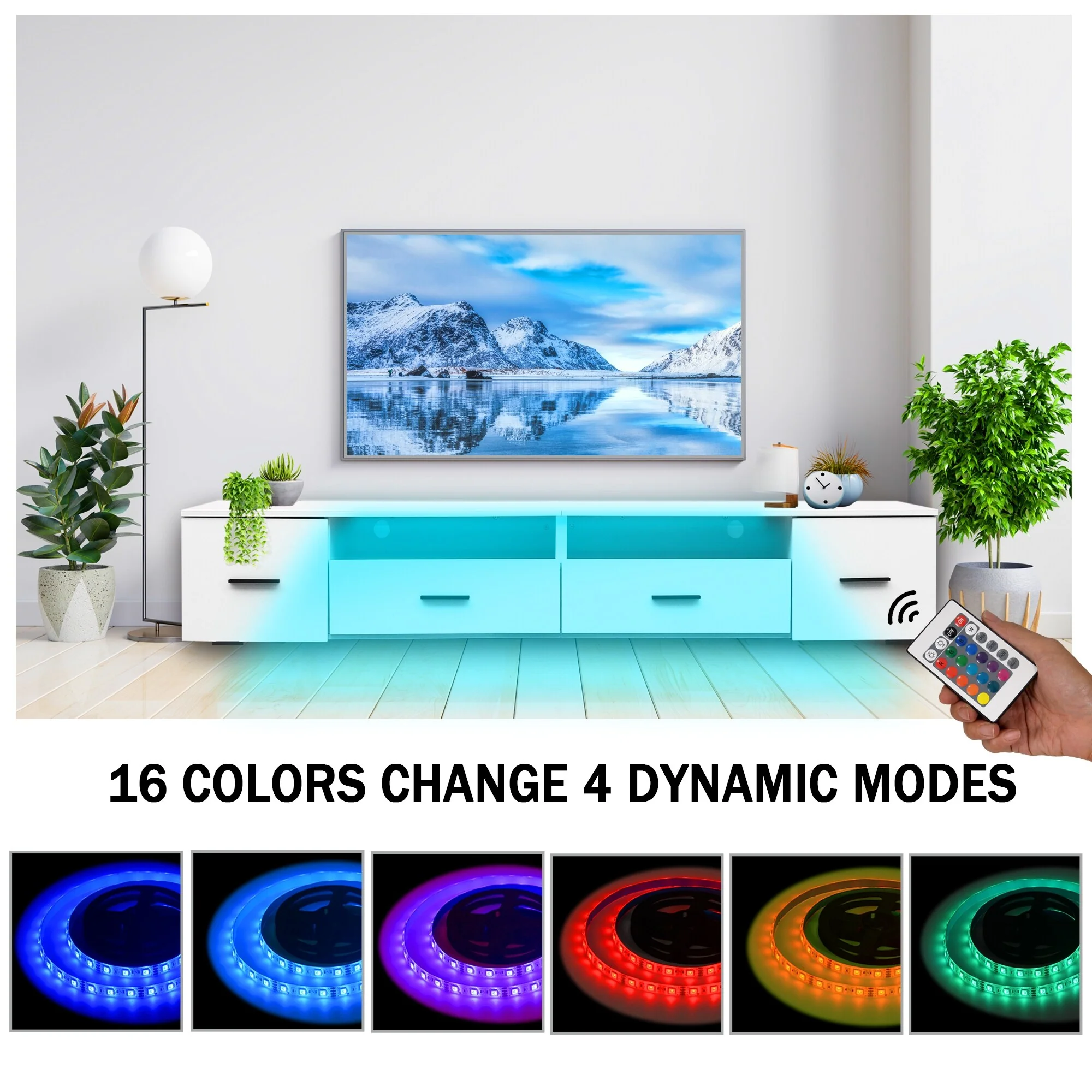 White 83 TV Stand with Drawers & Waterproof RGB Lights for TVs Up to 90