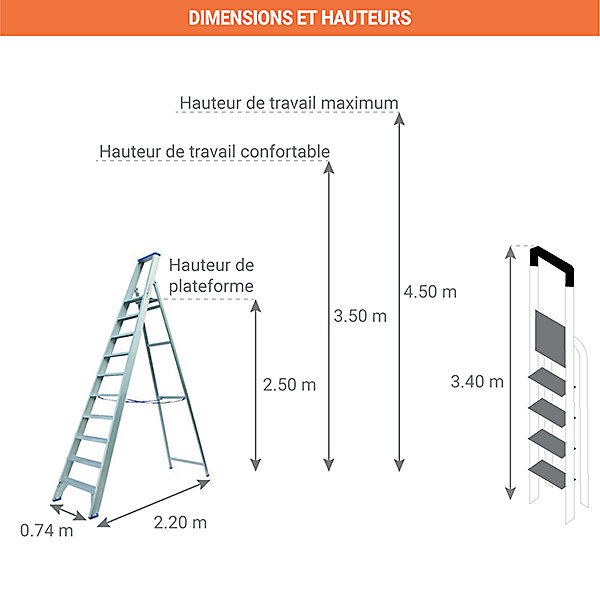 Escabeau alu 10 marches - Hauteur max. de travail 4.50m - PT10