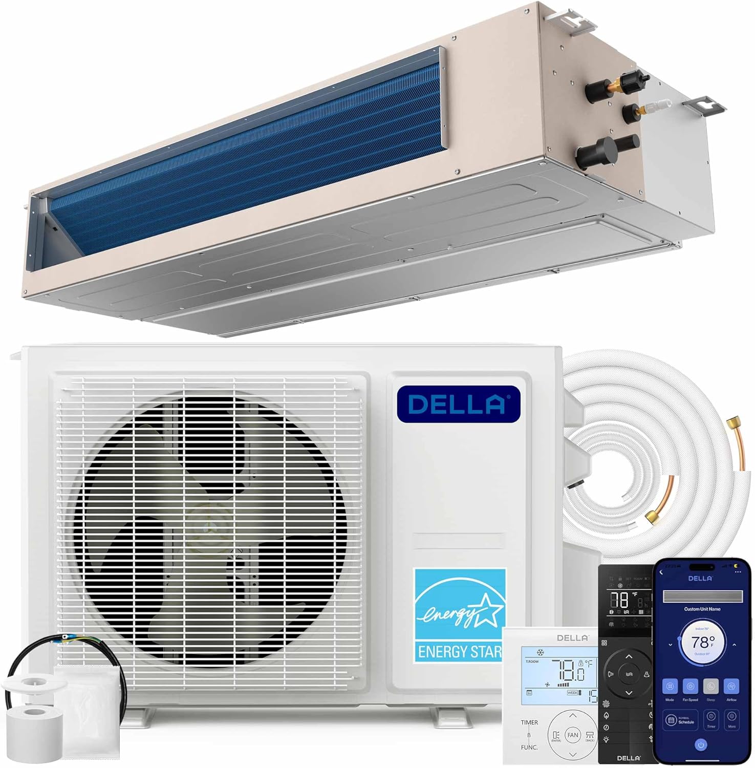 DELLA 22,000 BTU Concealed Ducted Mini Split Air Conditioner, 19 SEER2, Energy Star, Pre-Charged, 230V Inverter Heat Pump System, Work with Alexa and Wifi,16.4ft Installation Kit & Thermostat