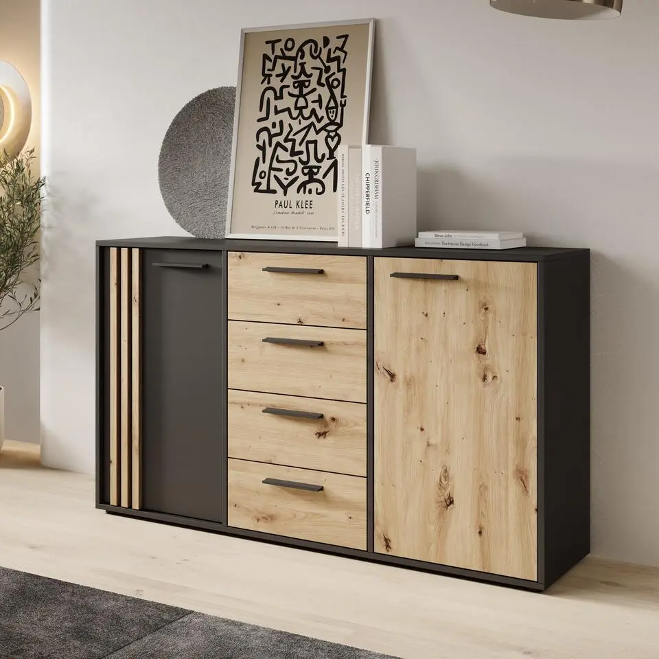 Meubella - Clover - Dressoir - Eiken/Zwart - 143x34x82 cm
