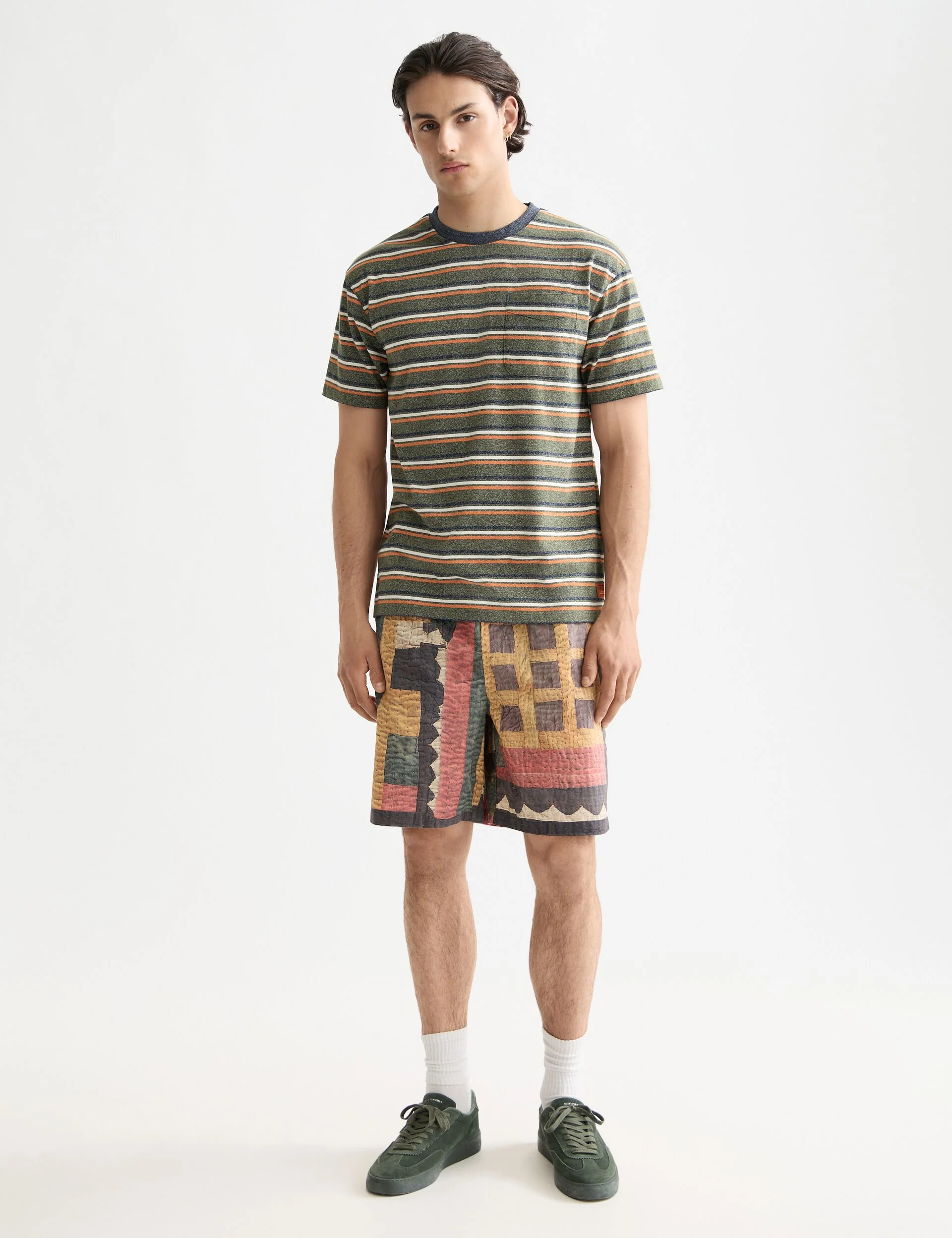 Printed patchwork cotton-poplin loose fit bermuda