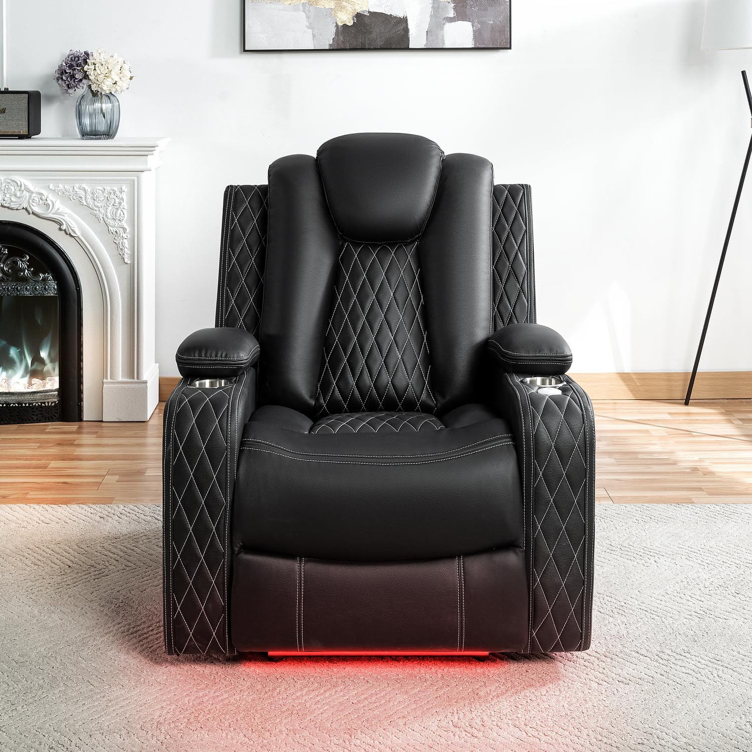 Chicago Home Theater Recliner Chair – Bluetooth Speakers, Wireless Charging, Power Recline, Adjustable Headrest, LED Lighting, Cup Holders & Premium Faux Leather for Ultimate Comfort