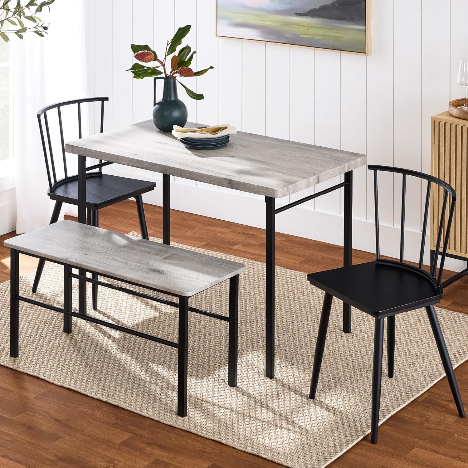 Best Choice Products 4-Piece Farmhouse Dining Table Set w/ 2 Black Spindle Chairs, Dining Bench, Kitchen Table, Windsor Chairs - Gray