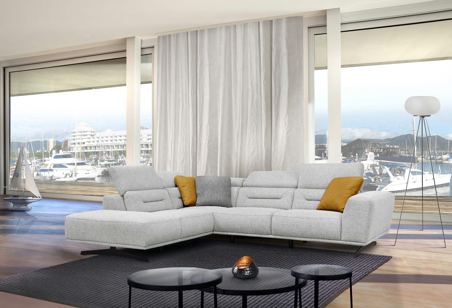 LUCANO - Canapé d'angle gauche 5 places tissu gris clair