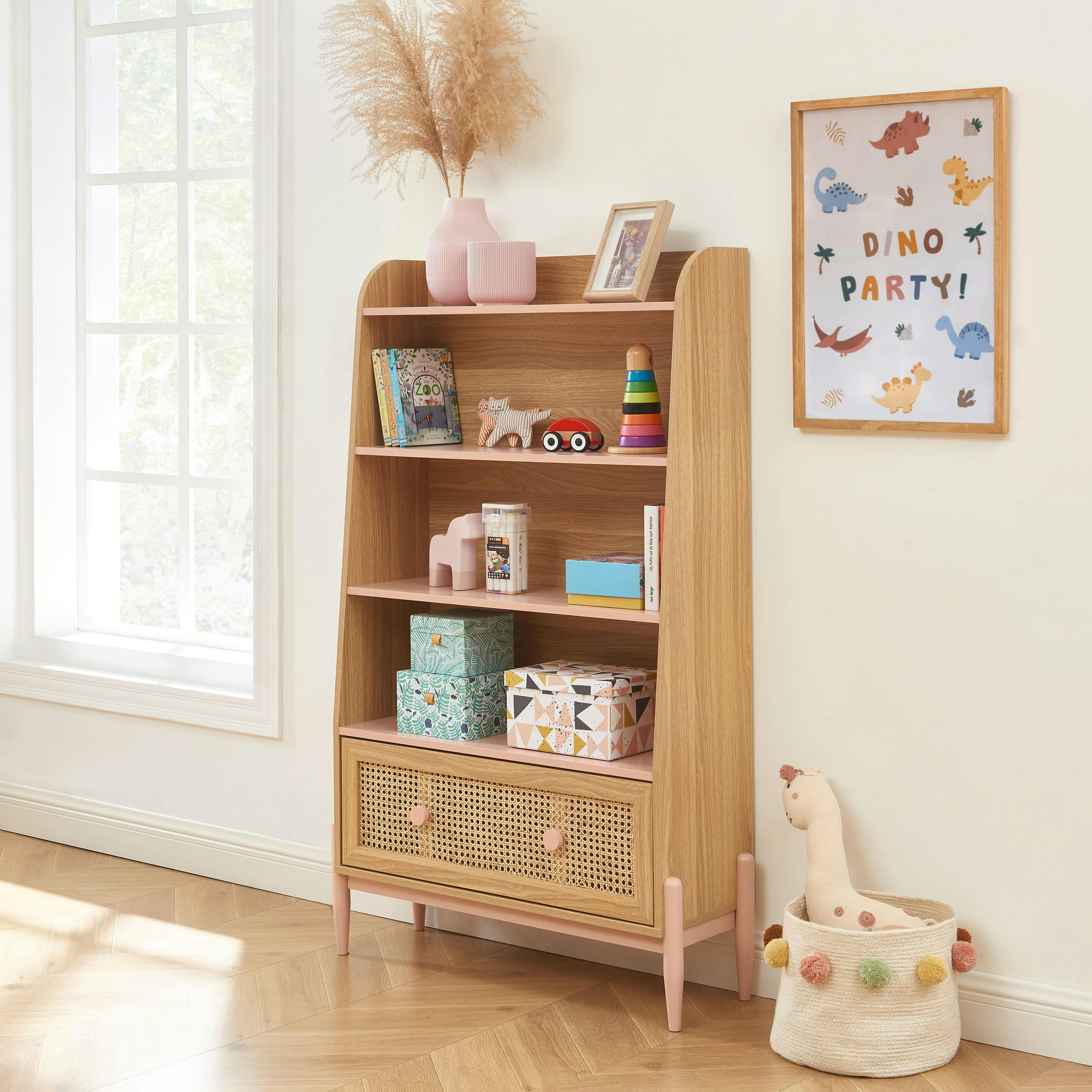 PABLO - Bibliothèque  rose et cannage rotin 3 étagères