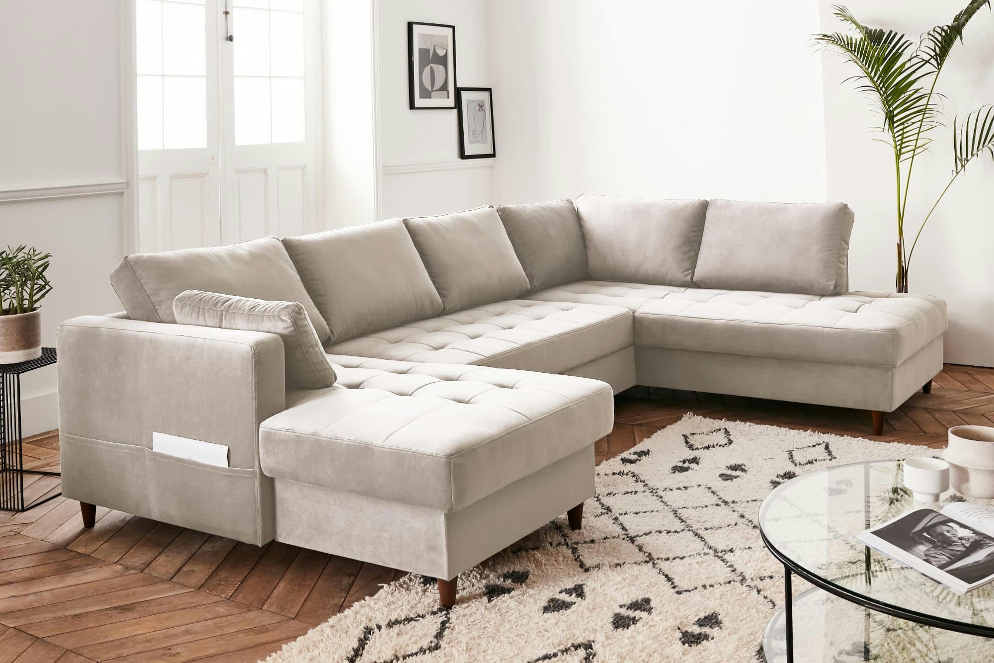 ANNA - Canapé panoramique 7 places angle droit en velours beige