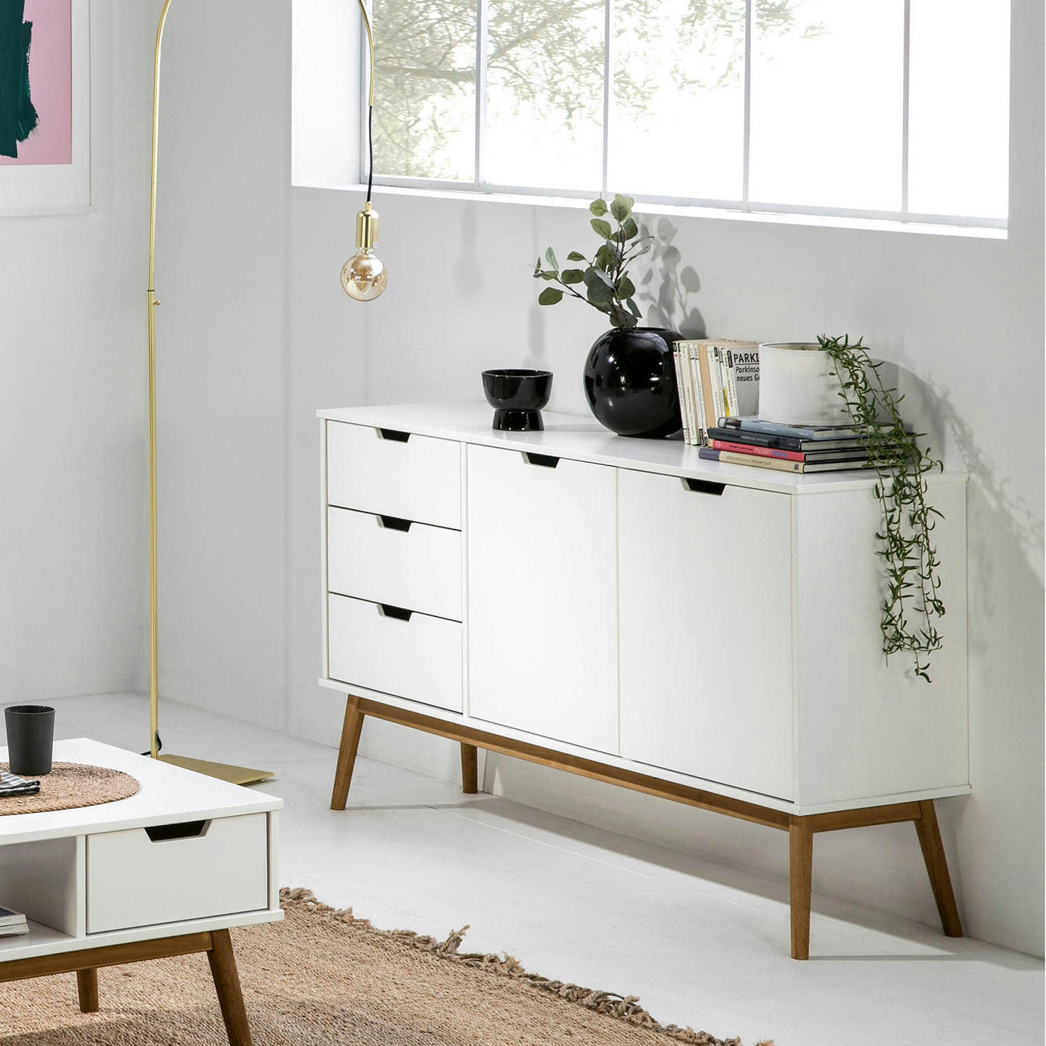 BAKU - Buffet 3 tiroir y 2 porte blanc, pin massif, longueur 140 cm