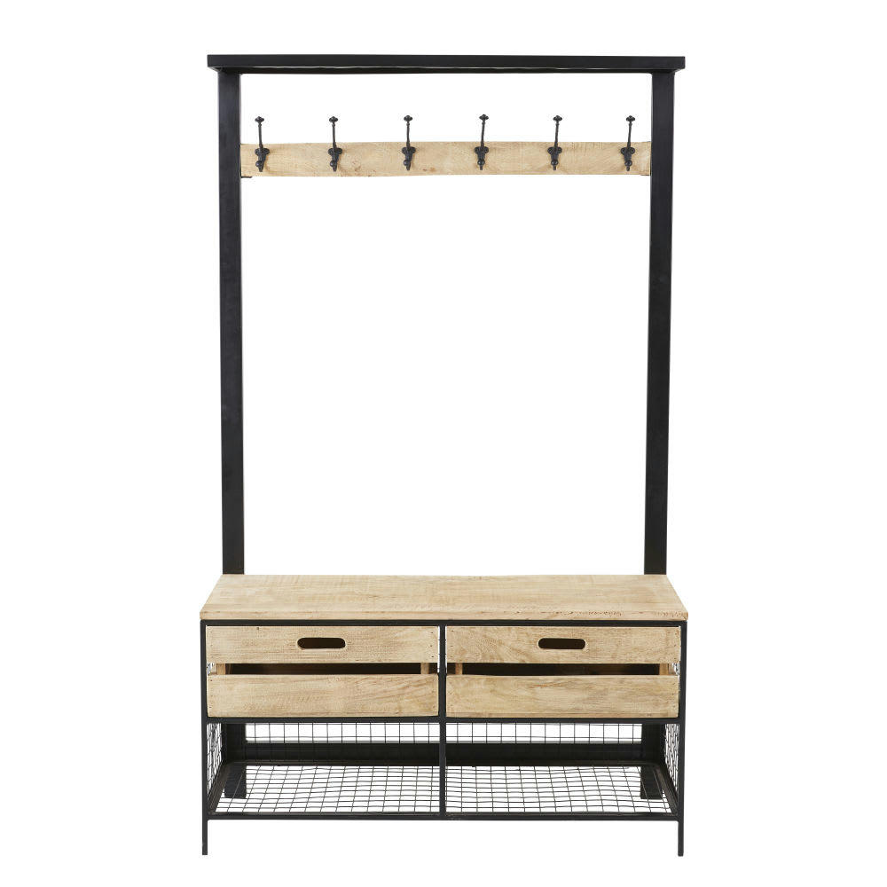 Bennie - Meuble d'entrée 6 patères 2 tiroirs en métal et manguier