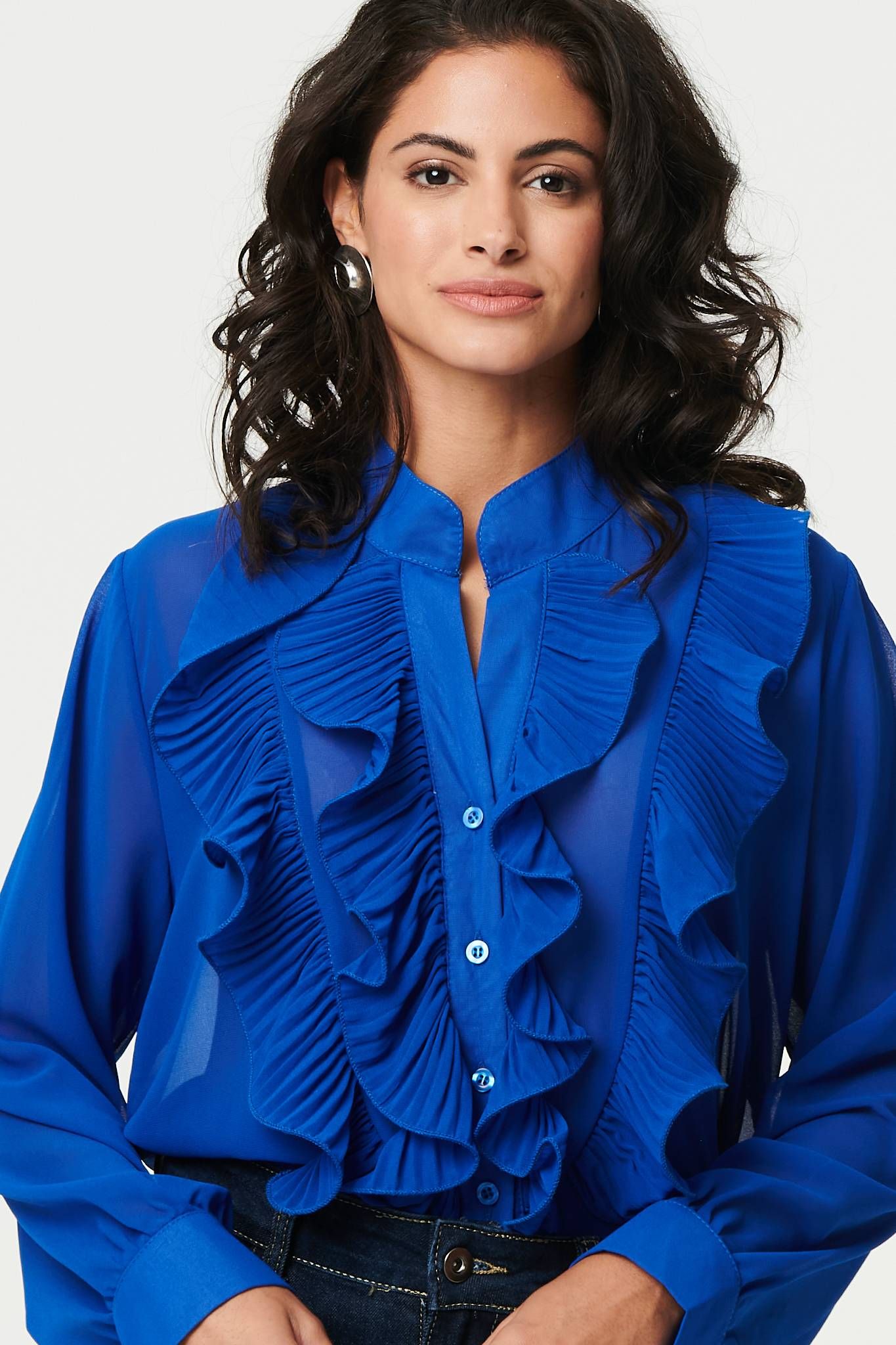 Izabel London Ruffled Long Sleeve Semi Sheer Blouse
