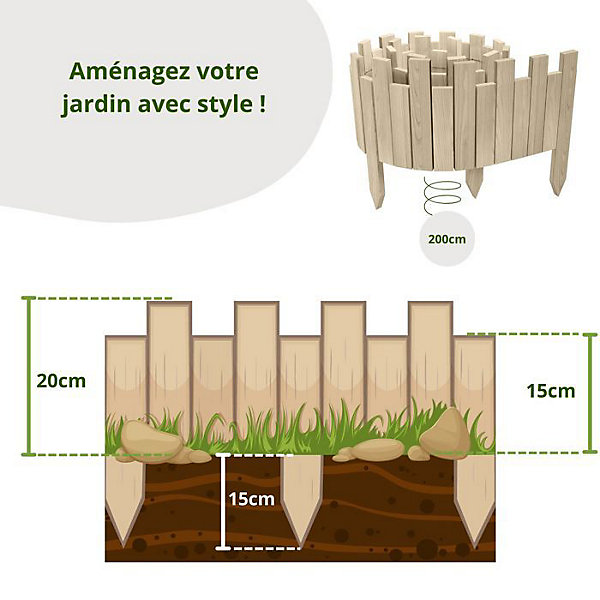 Bordure de jardin - Floranica - Non Traitée - Bois de pin - 200 cm x 15 cm - Esthétique durable
