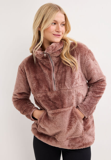 Womens Mocha Brown Zip Neck Fleece Top