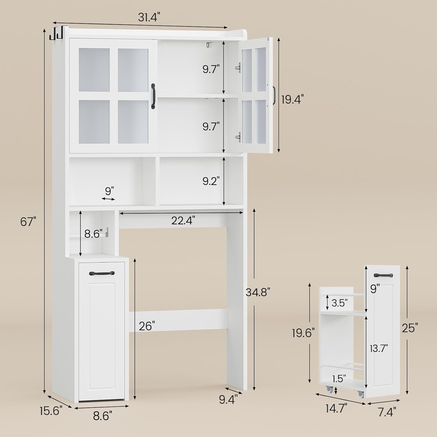 UPOSOJA Over The Toilet Storage Cabinet with Pulley Small Bathroom Storage Cabinet, Space Saver W/Adjustable Shelf & Glass Doors for Bathroom, Restroom, Laundry (Frosted Mirror-Type B)
