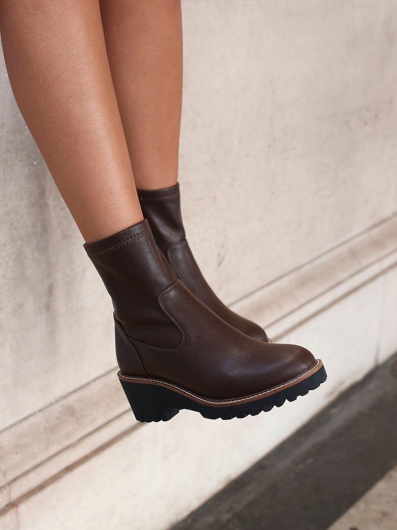 Linzi Trish Brown Faux Leather Wedged Heel Ankle Boot
