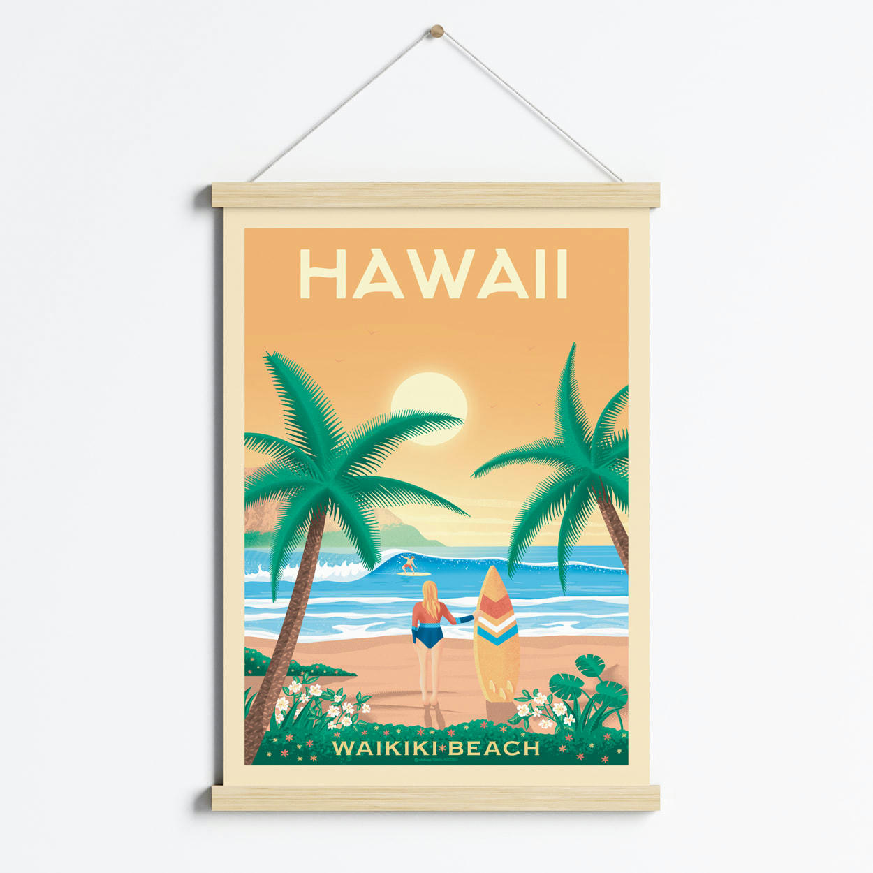 - Affiche Hawaii Waikiki Beach + Cadre Magnétique (Bois) 50x70 cm