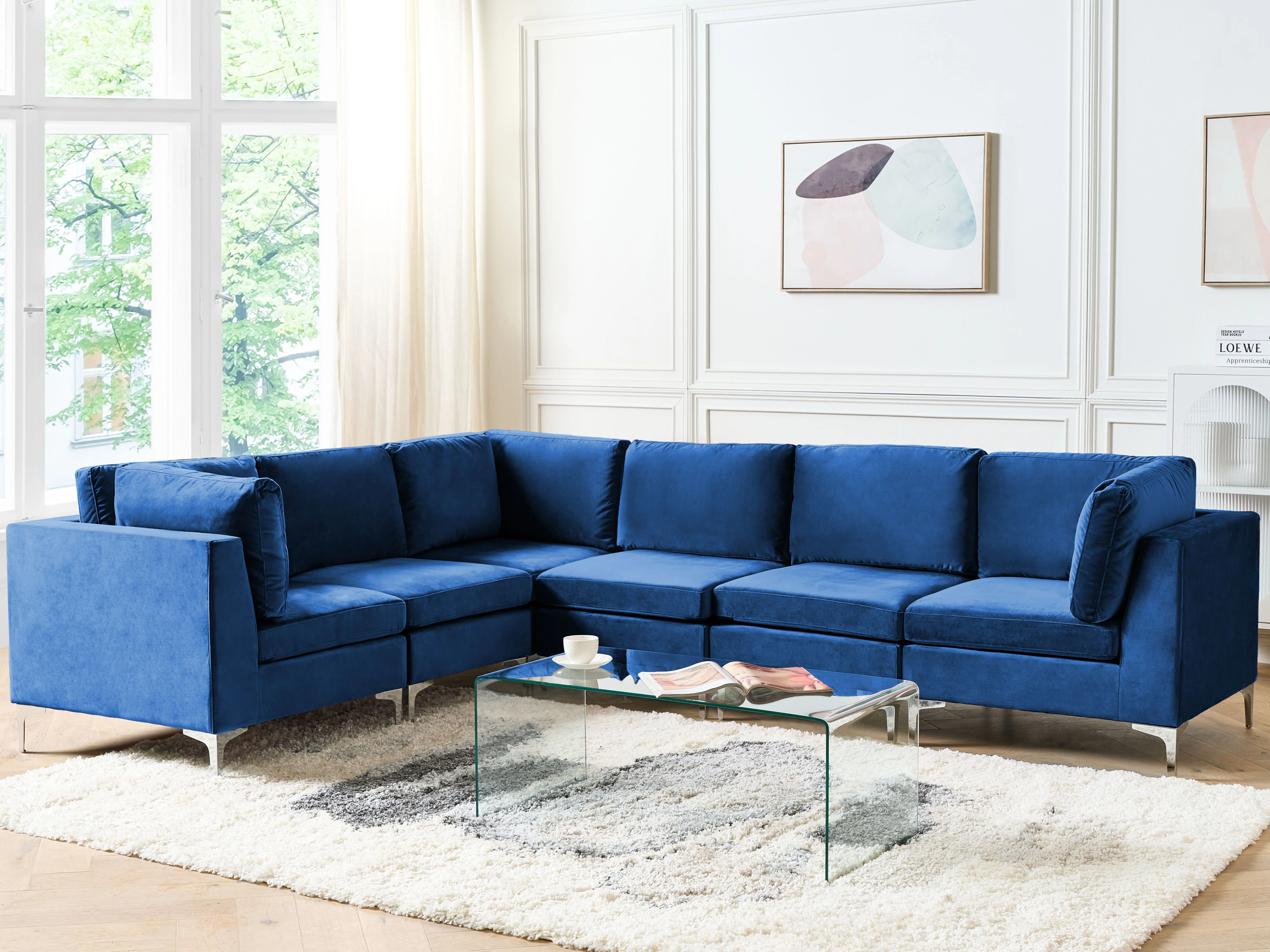 Modular Corner Sofa 6 Seater EVJA Velvet Navy Blue Right Hand