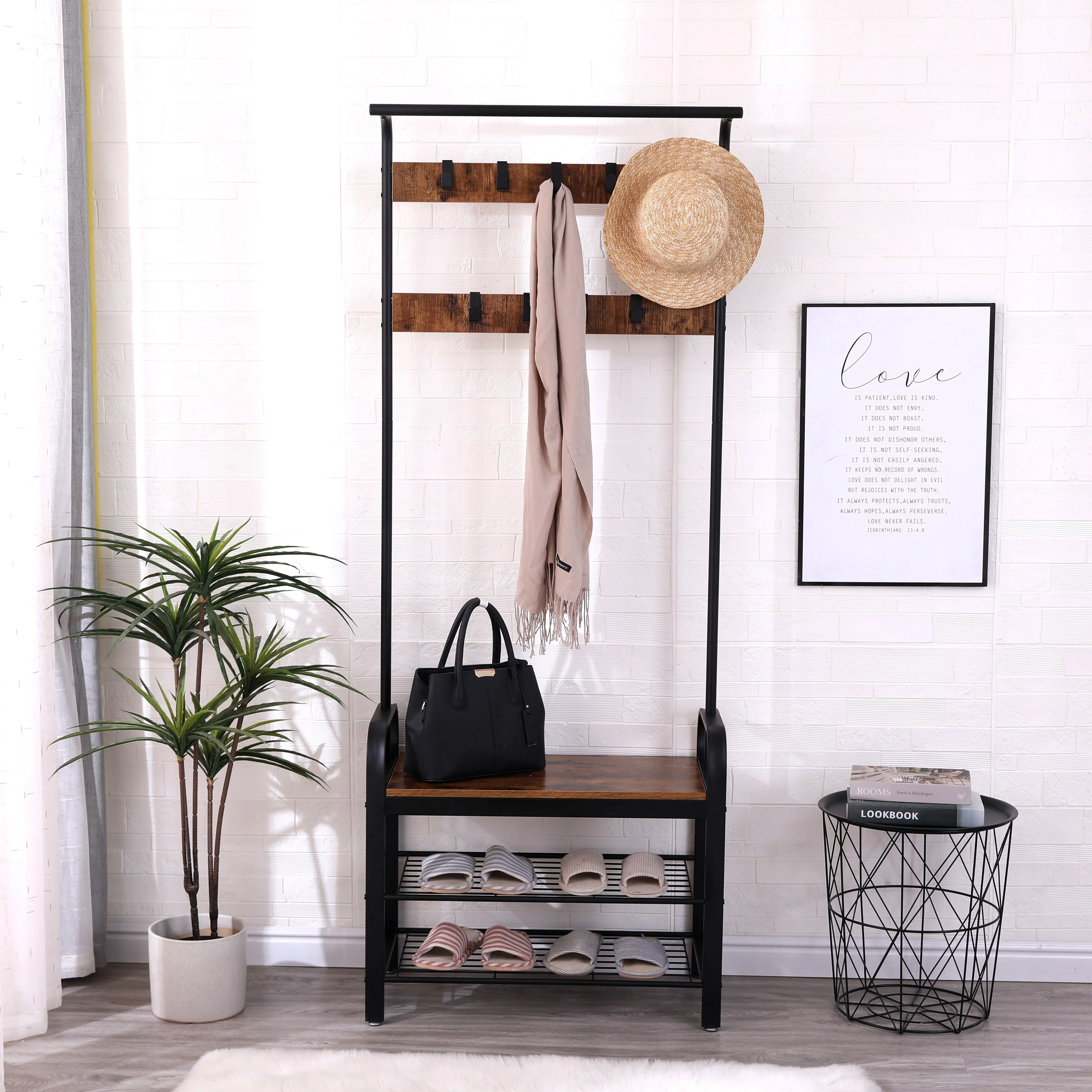 Coat Rack, Hall Tree with Shoe Bench for Entryway,Entryway Bench with Coat Rack,4-in-1,with 9 Removable Hooks,a Hanging Rod