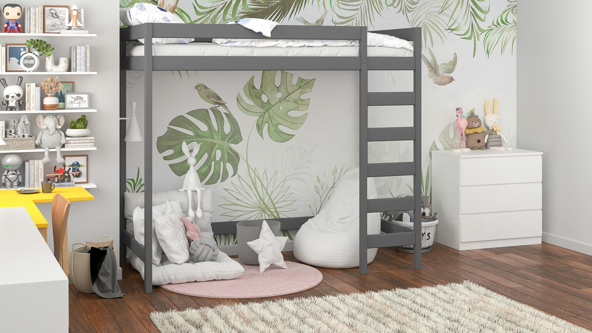 - Lit mezzanine en pin massif 180x80 gris