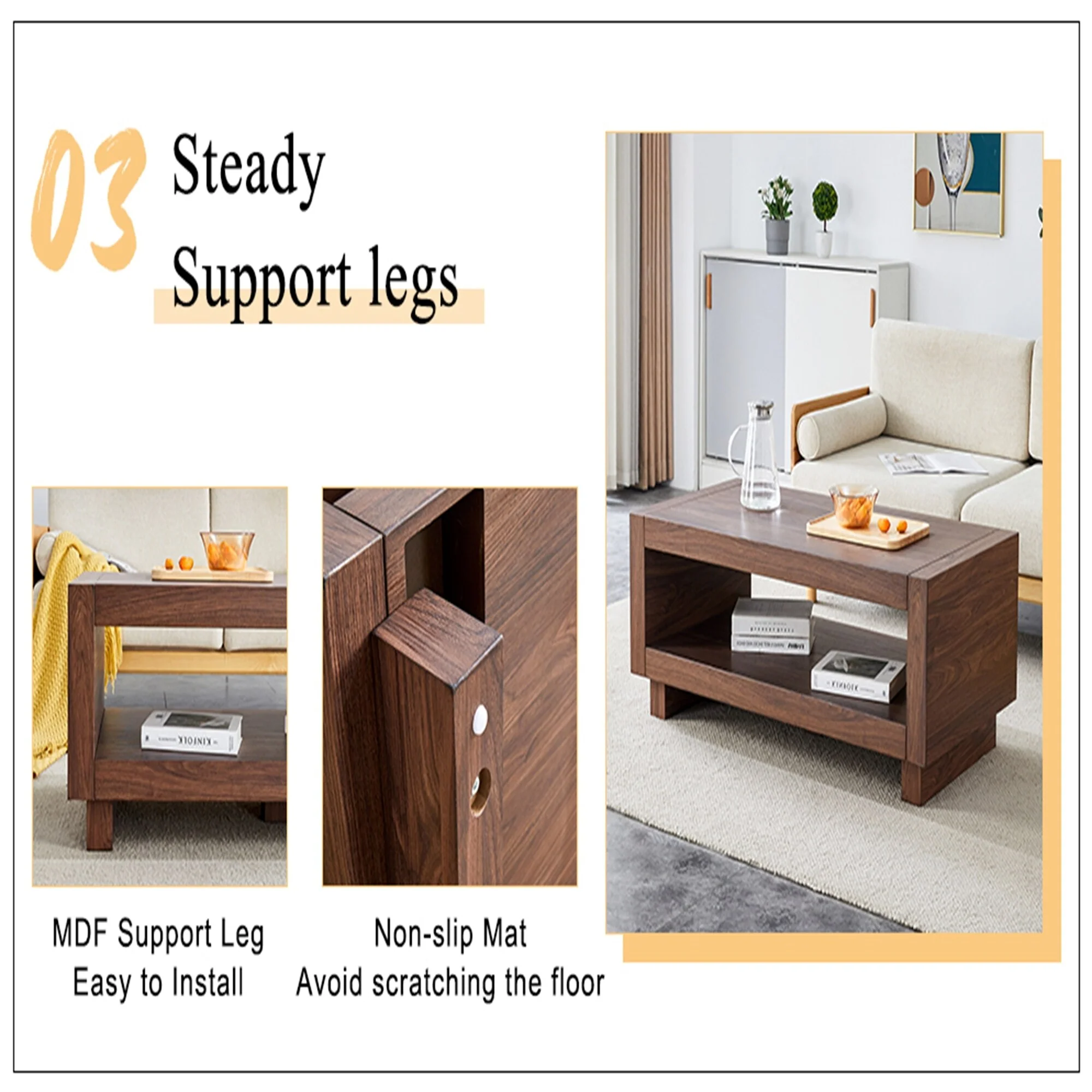 A modern minimalist MDF walnut-colored rectangular coffee table